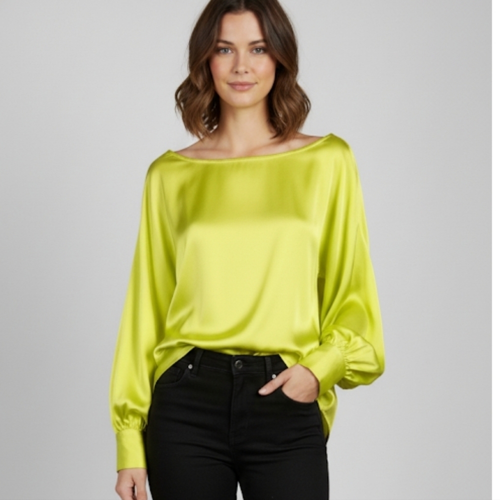 NWT Boutique Women's Chartreuse Green Satin Blouse Long Sleeve